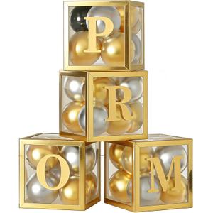 4 Pcs Prom Boxes with Letters 11.8 x 11.8 x 11.8 Inch Gold Transparent Clear Balloon Boxes with 20 Balloons for Prom Decorations 2026