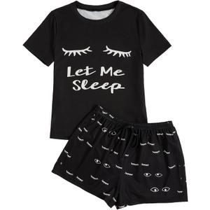 WDIRARA Women's Cute Cartoon Print Closed Eyes Print Tee and Shorts Pajama Set Black M