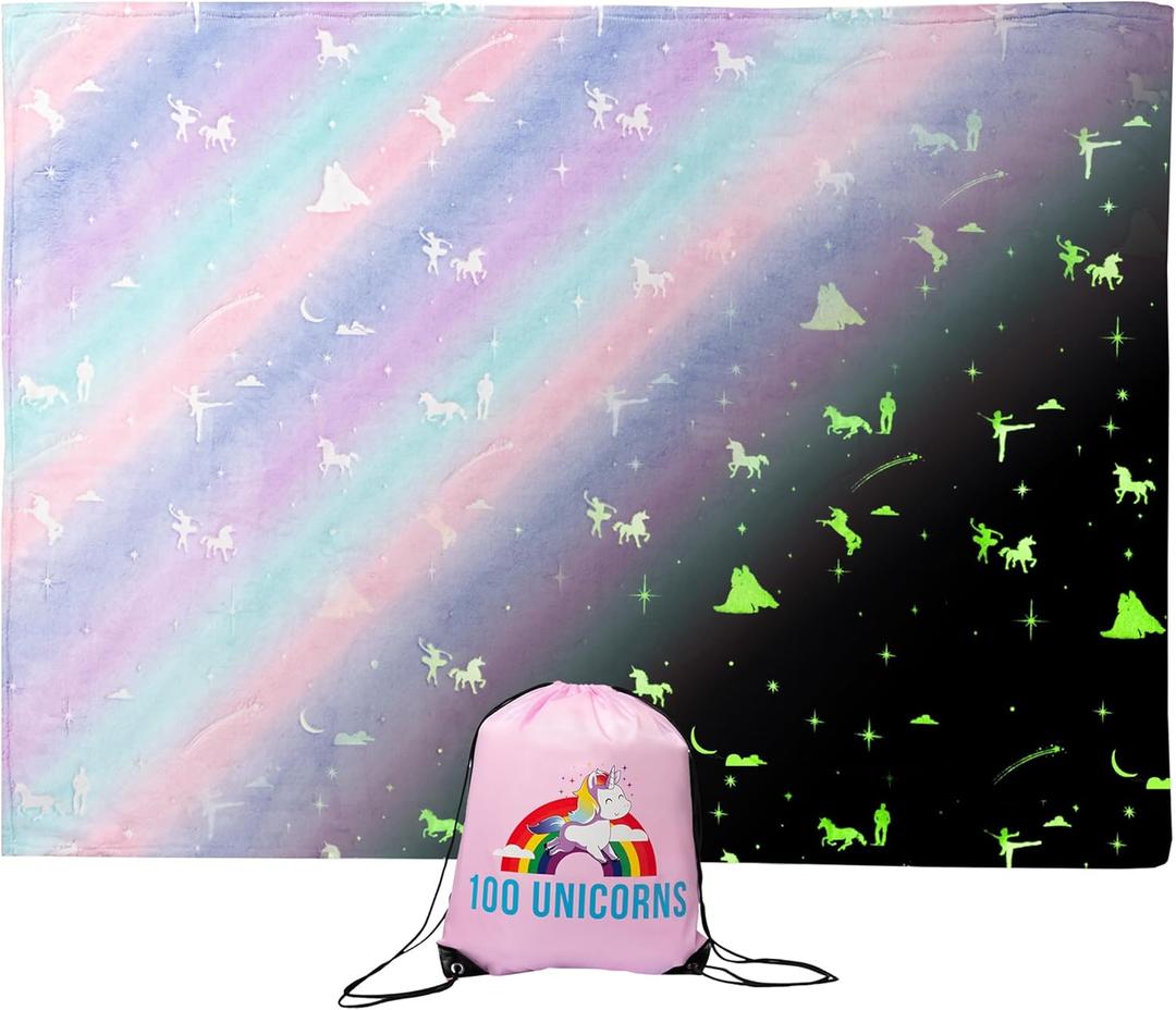 100 UNICORNS Glow in The Dark Unicorn Blanket | Ultra Soft | A Plush, Cozy & Fluffy Throw | Fun Gift for The Birthday Girl | Great Addition to Your Kids or Baby Bedroom Decor and Toys | Rainbow