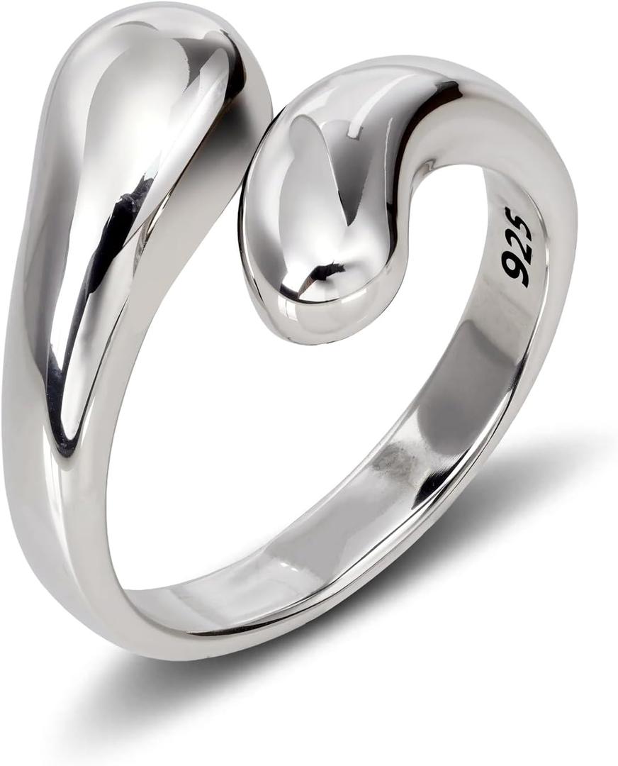 Chunky Rings Adjustable Teardrop Minimalist Stackable Ring Statement Open Jewelry for Women Men (Silver)