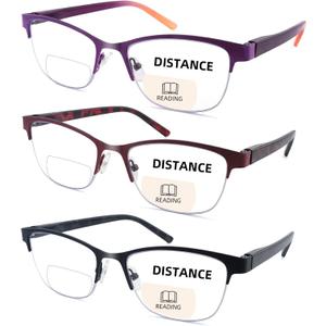 3 Pack Bifocal Reading Glasses for Women Men Bi-Focal Readers Metal Half Frame Spring Hinge Dual Focal Eyewear (Multicolor, +1.25) (Black & Purple & Burgundy)