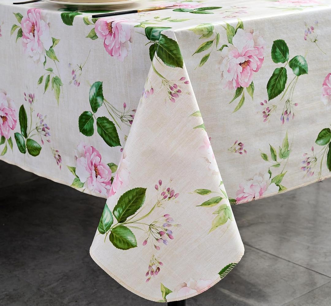 Vinyl Tablecloth with Flannel Backing - Waterproof, Oil-Proof, Easy to Clean -Plastic Table Cloth - Perfect for Dining Tables, Kitchen Tables, Parties (Beige Flowers, 6084 Inch Rectangular)