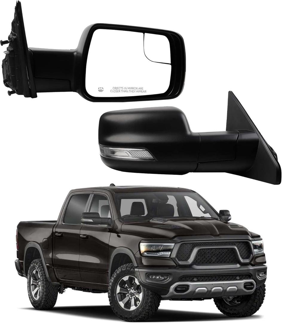 Dasbecan Right Passenger Side Mirror Compatible with 2019-2024 Ram 1500 w/Power Heated Glass/Signal Light/Puddle Light/Blind Spot Mirror/Black Texture/Power Folding (10Pins)