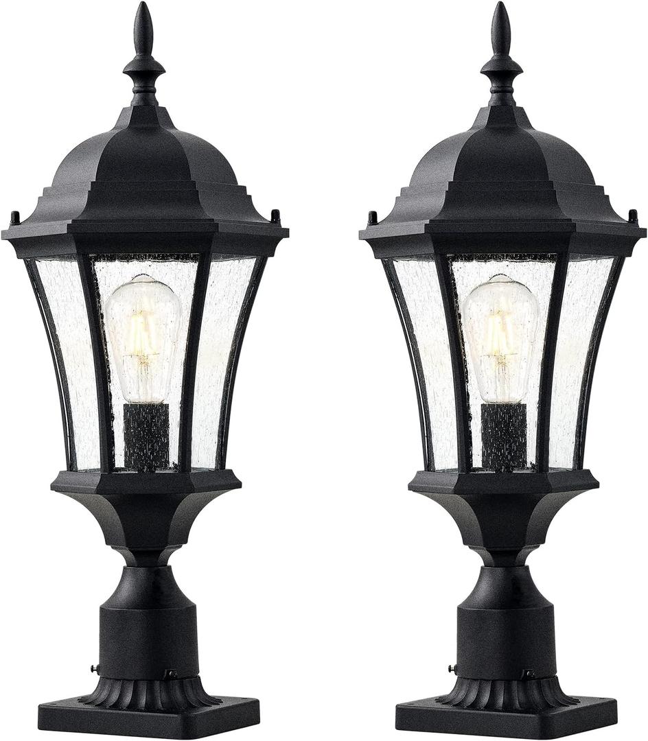 24in Large Outdoor Post Lights Aluminum Exterior Lamp Post Mount Lighting with Seeded Glass, Black Outside Gate Post Light Fixture Garden Hardwired Pole Lantern with 3'' Pole Base, 2 Pack
