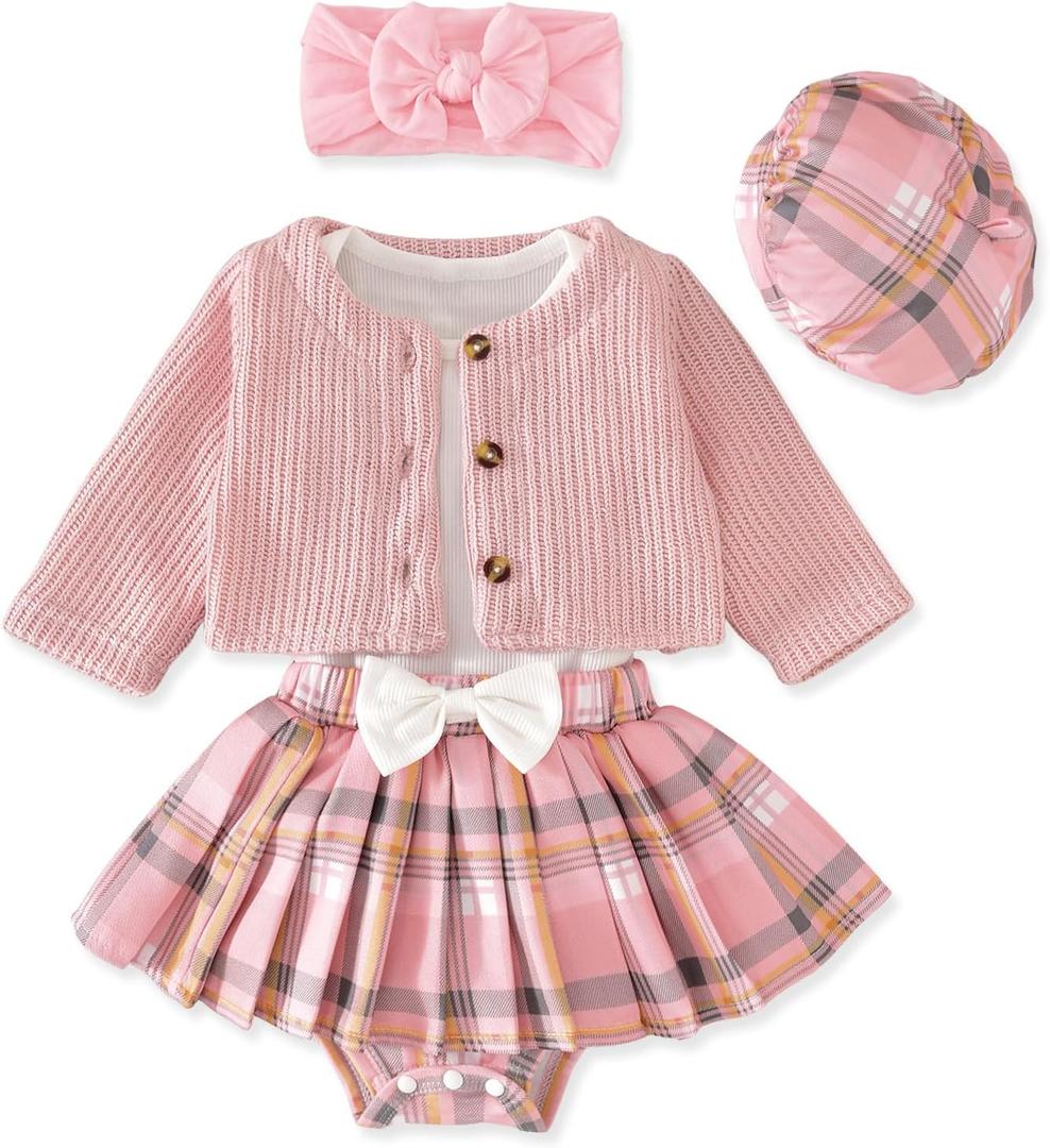 Aalizzwell Infant Baby Girl Fall Winter Skirt Outfit with Cardigan 5Pcs 0-18 Months (Pink)