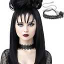 Long Black Costume Wig with Fluffy Curl Buns and Choker Accessories Heat Resistant Synthetic Hair Wigs with Bangs for Gothic Witch Halloween Cosplay