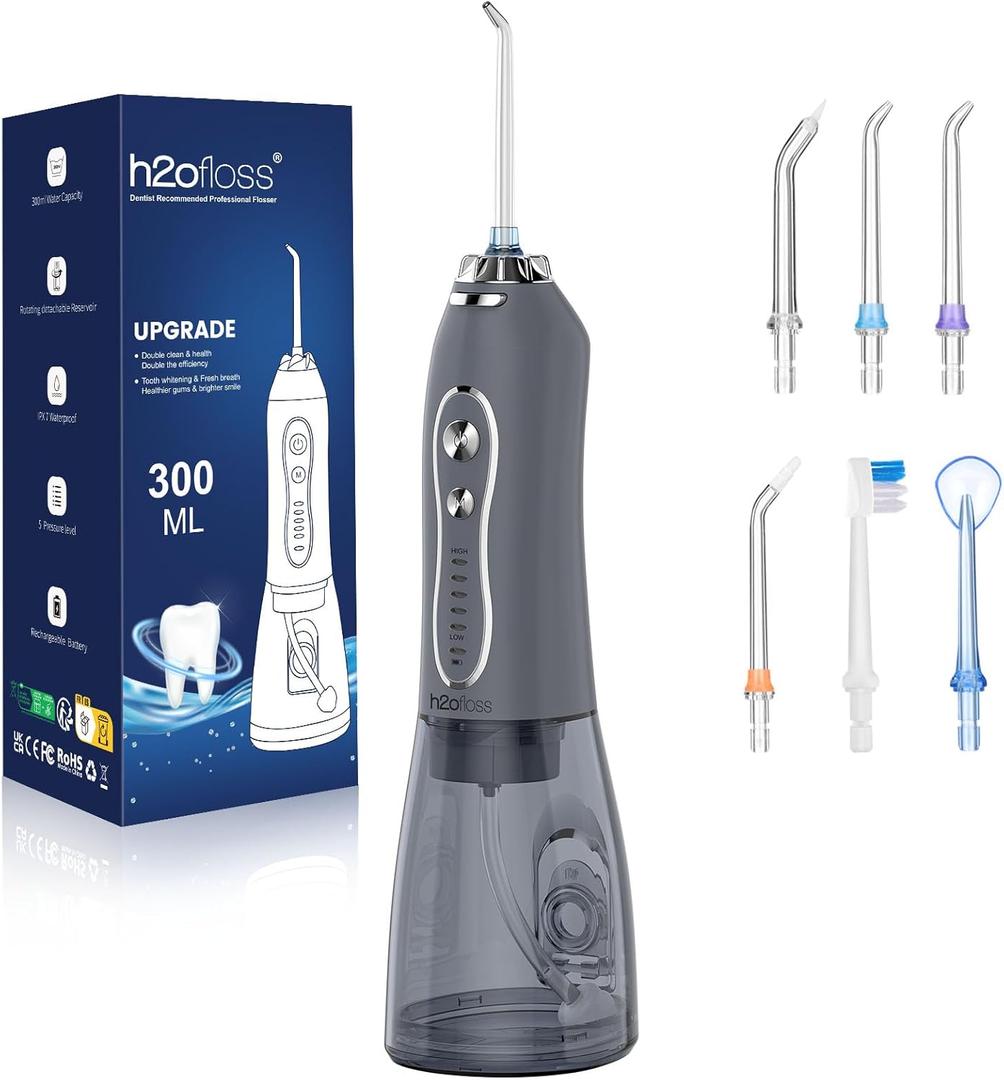 H2ofloss Water Dental Flosser Pick for Teeth: 5 Modes Cordless Portable 300ML Larger Tank Water Teeth Cleaner IPX7 Waterproof Flossing Cleaning Picks for Home Travel Gray