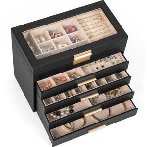 AKOZLIN 5-Tier Jewelry Box with Clear Glass Lid Functional Leather Jewelry Storage Organizer Case 4 Drawers for Women Girls Necklace Ring Bracelet Earring (Black-Gold)