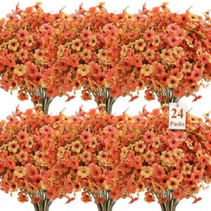 SHareconn 24 Bundles Artificial Fall Flowers for Outdoors Decoration, UV Resistant Silk Eucalyptus Lavender Faux Autumn Fake Plants for Outside Indoor Garden Yard Porch Home Decor, Autumn Orange-Red