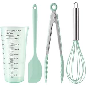 Silicone Baking Utensils Set, 4PCS Heat Resistant Non-Stick Kitchen Baking Tools for Cooking, Baking, Mixing, Including Spatula, Measuring Cup, Whisk, Clip (Cyan)