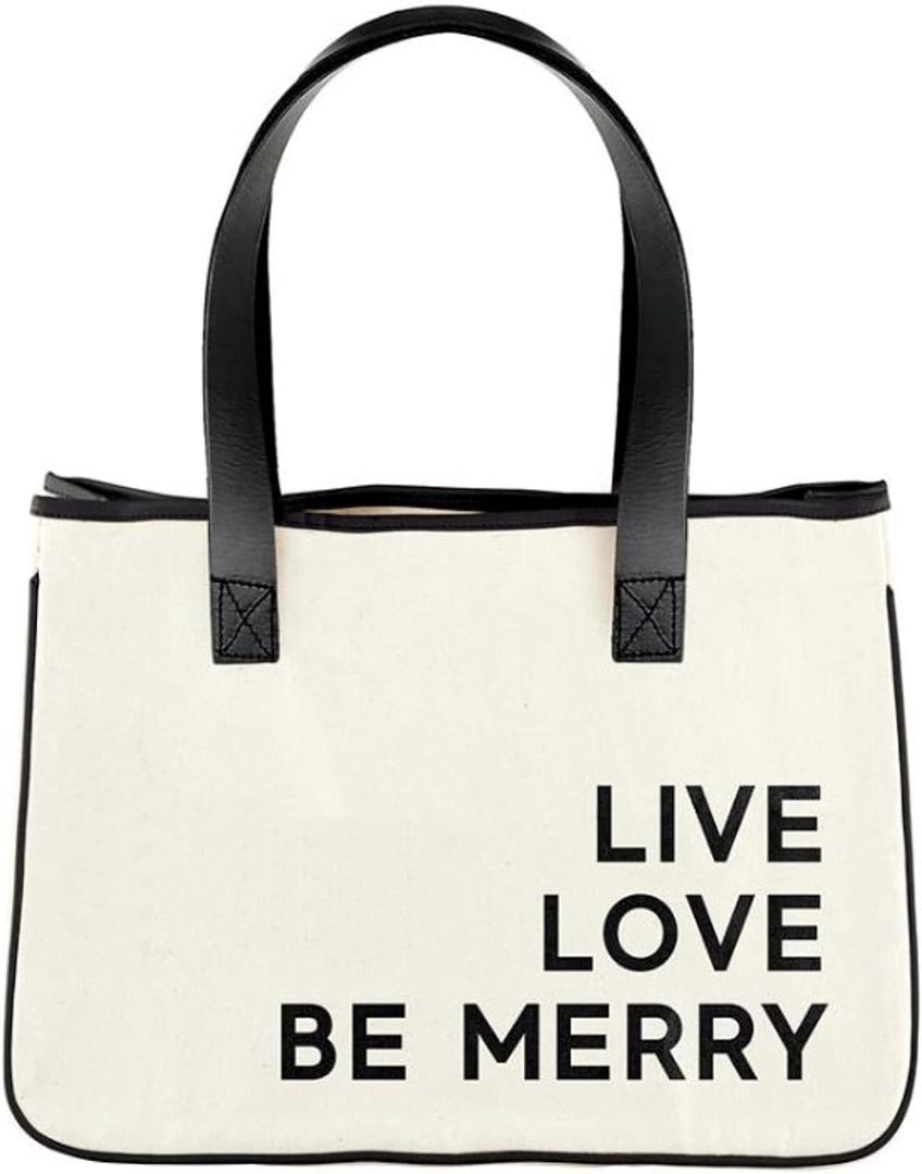Santa Barbara Design Studio Tote Bag Holiday Collection Black and White 100% Cotton Canvas with Genuine Leather Handles (Live Love Be Merry)