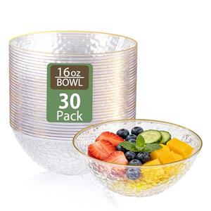 Tinybee 30 Pack Clear Plastic Bowls - Clear Disposable Bowls for Party with Gold Rim, 16-20oz Premium Hammered Bowls Disposable Heavy Duty, Plastic Salad Bowls for Milk Cereals, Snacks, Salads