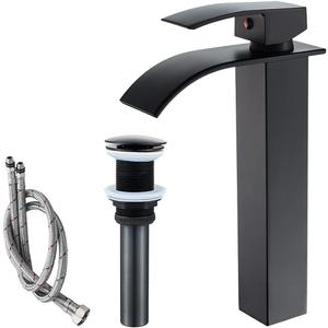 VOTON Vessel Sink Faucet Matte Black Modern Tall Waterfall Bathroom Sink Faucet with Pop-Up Drain Single Handle Bathroom Faucet 1 Hole Bowl Lavatory Vanity Faucet, Rv Sink Camper Farmhouse Faucet