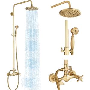Antique Brass Shower System Bathroom Shower Faucet Set with 8 Inch Rainfall Shower Head Handheld Spray 2 Cross Handles Wall Mounted Outdoor Shower Fixtures Solid Brass