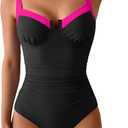 B2prity Women's Underwire One Piece Swimsuits Tummy Control Bathing Suits Push Up Swim Suit Color Block Swimwear (X-Large, Black, Hot Pink)