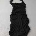 HOCILLE Women's Sexy Halter Bodycon Backless Ruched Spaghetti Strap Mini Club Party Dresses (Black), XS