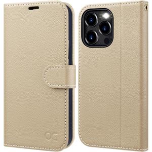 OCASE Compatible with iPhone 15 Pro Wallet Case, PU Leather Flip Folio Case with Card Holders RFID Blocking Kickstand [Shockproof TPU Inner Shell] Phone Cover 6.1 Inch 2023, Litchi Apricot