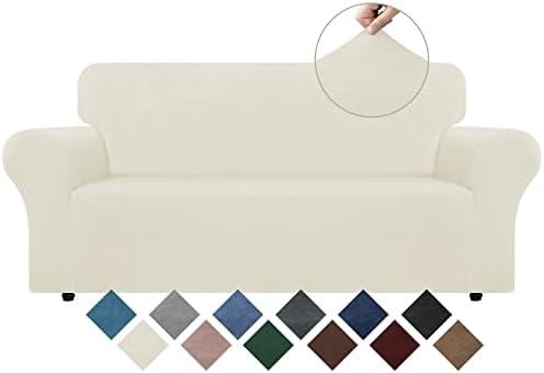 WEERRW Velvet Couch Cover - High Stretch Sofa Slipcovers with Non Skid Foam and Elastic Bottom, Furniture Protector for Pets, Crafted from Soft Plush Fabric, Ivory, Medium
