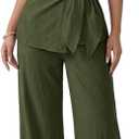 Women's Going Out Two Piece Sets Cap Sleeve Tie Waist Button Down Shirt Wide Leg Pants Dressy Casual Outfits, Medium