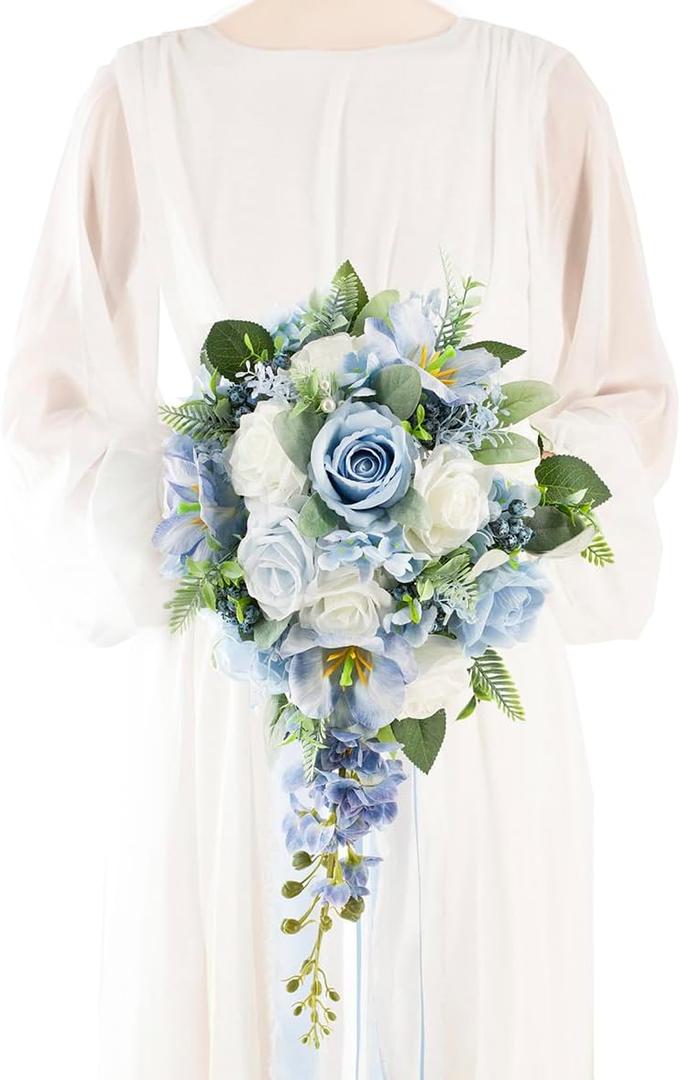 12 Inch Cascade Wedding Bouquets for Bride, Dusty Blue & White Cascading Bridal Bouquet for Wedding Silk Artificial Flowers