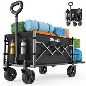Golabs Collapsible Wagon Cart Max 350lb Load & Expandable Storage 100L, Double Bearing Design for Flexible Steering, Foldable Heavy Duty Garden Cart with 2 Cup Holders for Groceries, Garden & Camping