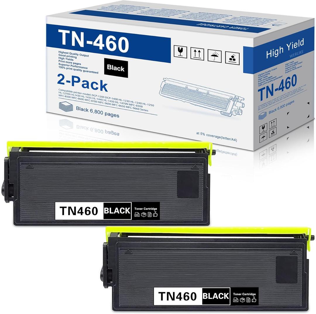 TN-460 TN460 High Yield Toner Cartridge (Black, 2-Pack) Replacement for Brother TN460 TN 460 to use with DCP-1200 DCP-1400 HL-1230 HL-1240 MFC-8500 MFC-8600 IntelliFax-5750 IntelliFax-4100 Printer