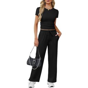 WIHOLL Lounge Sets for Women 2 Piece Vacation Outfits Short Sleeve Tops with Side Ruched Wide Leg Pants Matching Sets (Medium, Black)