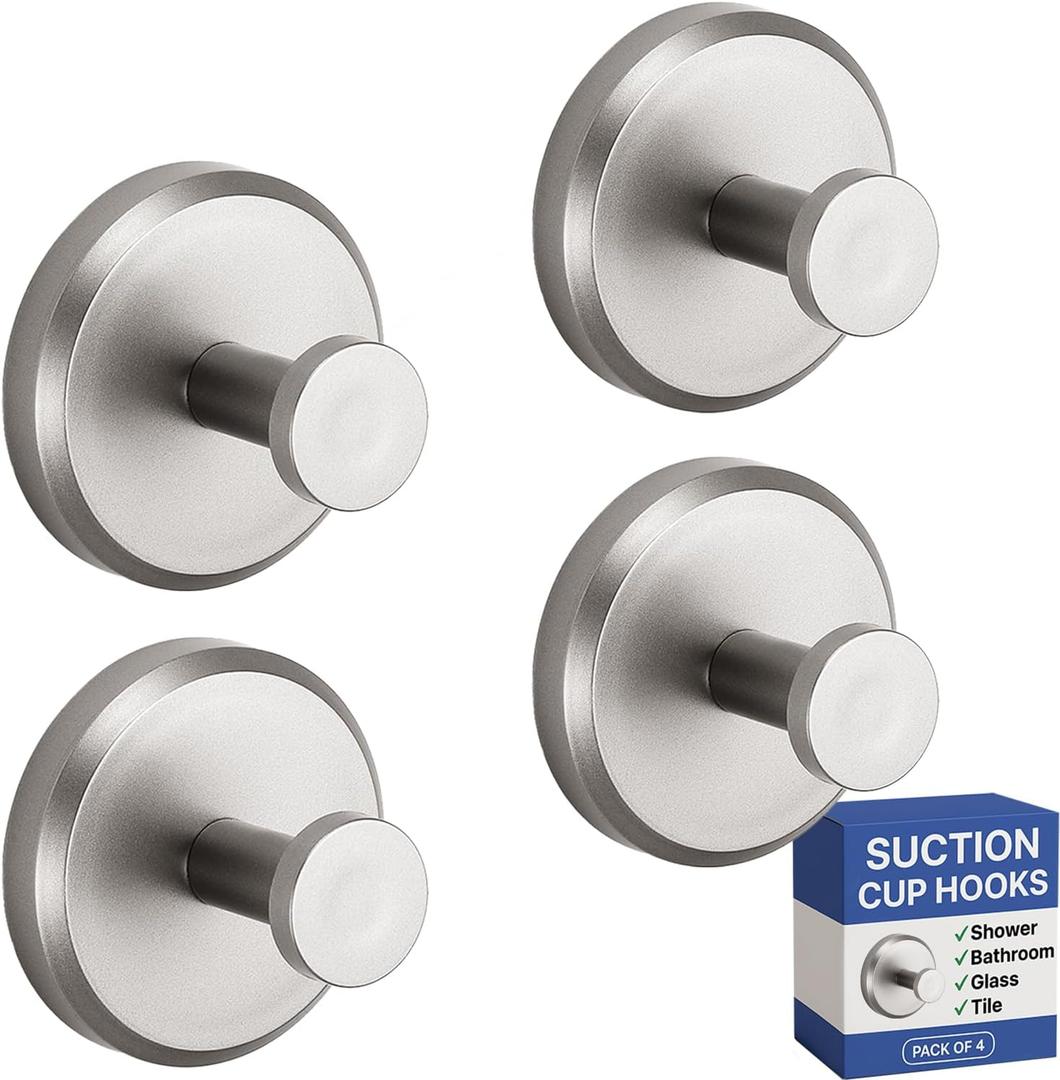 HOME SO Suction Cup Hooks for Shower & Bathroom Towel Holder 4-Pack Suction Cups Hooks for Hanging Towels, Robes, & Coats - Tiles, Glass Door or Mirror Shower Hooks & Towel Hooks Organizer -Nickel