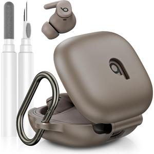 Compatible with Beats Powerbeats Fit Case Cover, Soft Silicone Shockproof Protective Skin Case for Powerbeats Fit Earbuds 2025 with Cleaner Kit & Carabiner, Top Logo Visible (Grey)