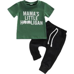 Toddler Baby Boy St. Patrick's Day Clothes Short Sleeve Letter Print T-Shirt Tops Casual Drawstring Pants Outfits