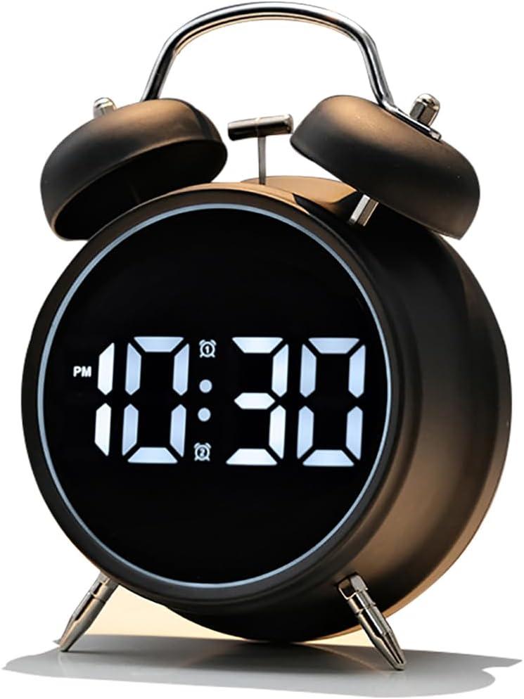 Extra Loud Alarm Clock for Heavy Sleepers Adults, Teens,Kids,Cute Retro Metal,Old Fashioned with Twin Bells,Battery Operated or Plug in,Small Digital Desk Clock (Matte-black)