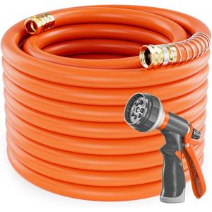 Garden Water Hose 100 ft x 3/4 in Heavy Duty, Flexible and Lightweight, Burst 600 psi, Kink-less Hybrid Rubber Pipe for Backyard, 3/4'' Brass Fittings, Orange