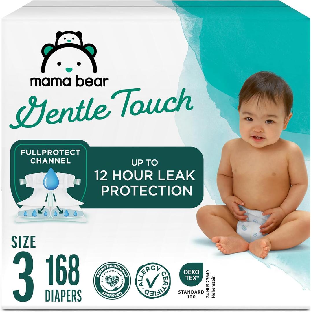 Amazon Brand - Mama Bear Gentle Touch Baby Diapers, Size 3, 168 Count (4 packs of 42), Leakproof, Keeps Baby Dry, Skin Safe, Formulated without Fragrance with Wetness Indicator