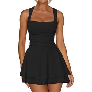 Kaximil Women's Square Neck Ruffle Hem Mini Dress Ruched Waist Short Party Dresses, Size M, Black