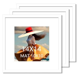 SKAOTUS 14x14 Picture Frame 3 Pack White Solid Wood for Mat 10x10 Wall Mounting Square Poster Frames