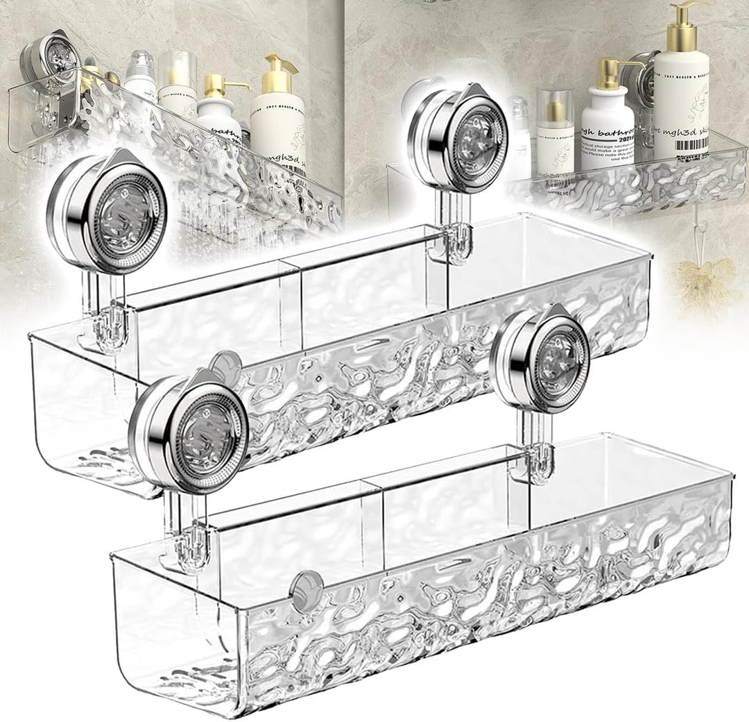 2 Sets Corrugated Suction Cup Storage Holder, No-Drill Nest Grip Shelf for Bathroom, Acrylic Suction Cup Storage Holder For Bathroom, Drainage Design Trays Shower Shelf (A Transparent*2Pcs)