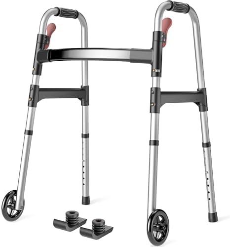 HOMLAND Folding Walkers for Seniors with Wheels, Lightweight Rolling Walker, Height Adjustable Standard Walker with Aluminum Frame, Silver