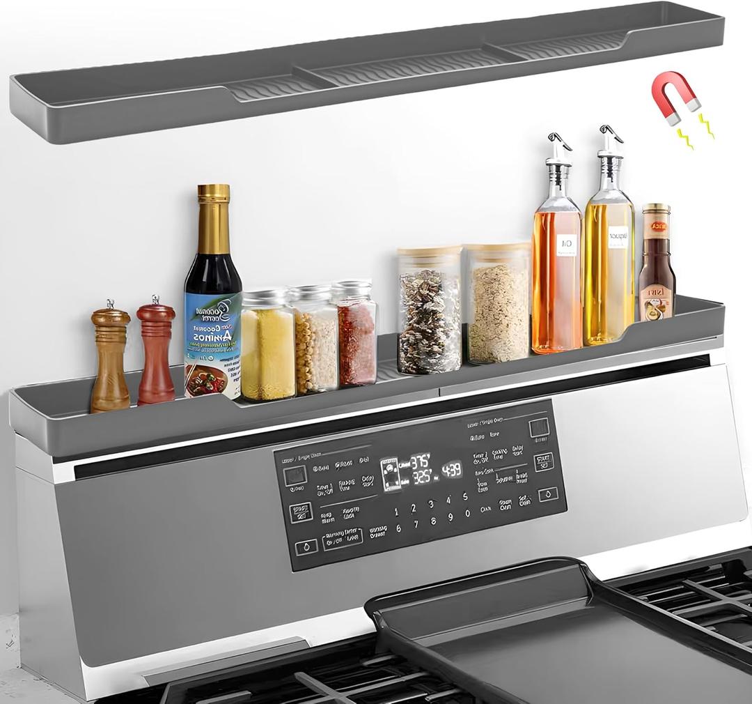 30 Inch Magnetic Stove Top Shelf | 3-Zone Kitchen Organizer with Anti-Slip & Anti-Fall Design | Heat Resistant (-40F to 446F) Food-Grade Silicone Spice Rack for Flat-Top Stoves, Grey 