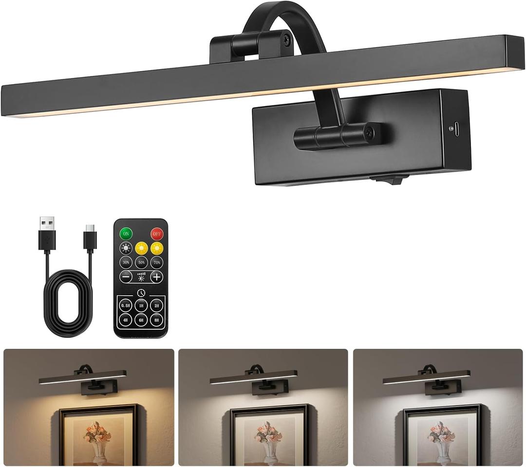LED Wireless Picture Light with Remote Control,USB Rechargeable Battery Powered Art Lamps,Dimmable,270 Rotate,Timing,15.5 Inch Black Wall Lights for Paintings,Picture Frame,Gallery