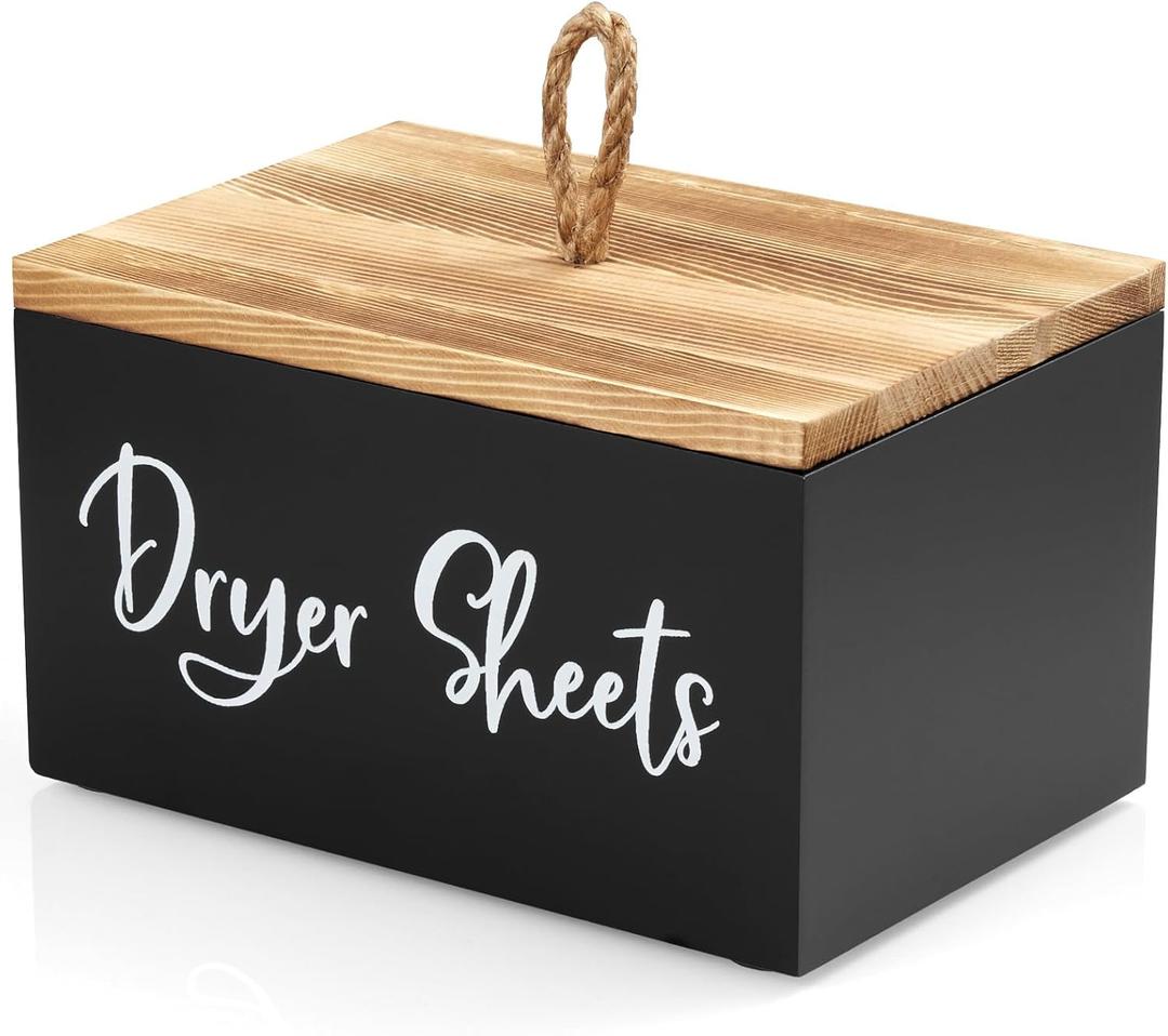 Dryer Sheet Holder, Wooden Laundry Sheets Container, Laundry Room Organization and Storage for Farmhouse Laundry Room Decor and Accessories, Fabric Sheet Holder, Black