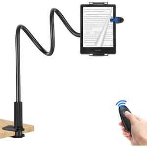 Gooseneck Tablet Holder for Kindle with Remote Page Turner, Lazy Arm Stand for Kindle Paperwhite Colorsoft, Reading in Bed with Remote for Kindle Accessories, Gift for Men Women Readers Bedside (Black)