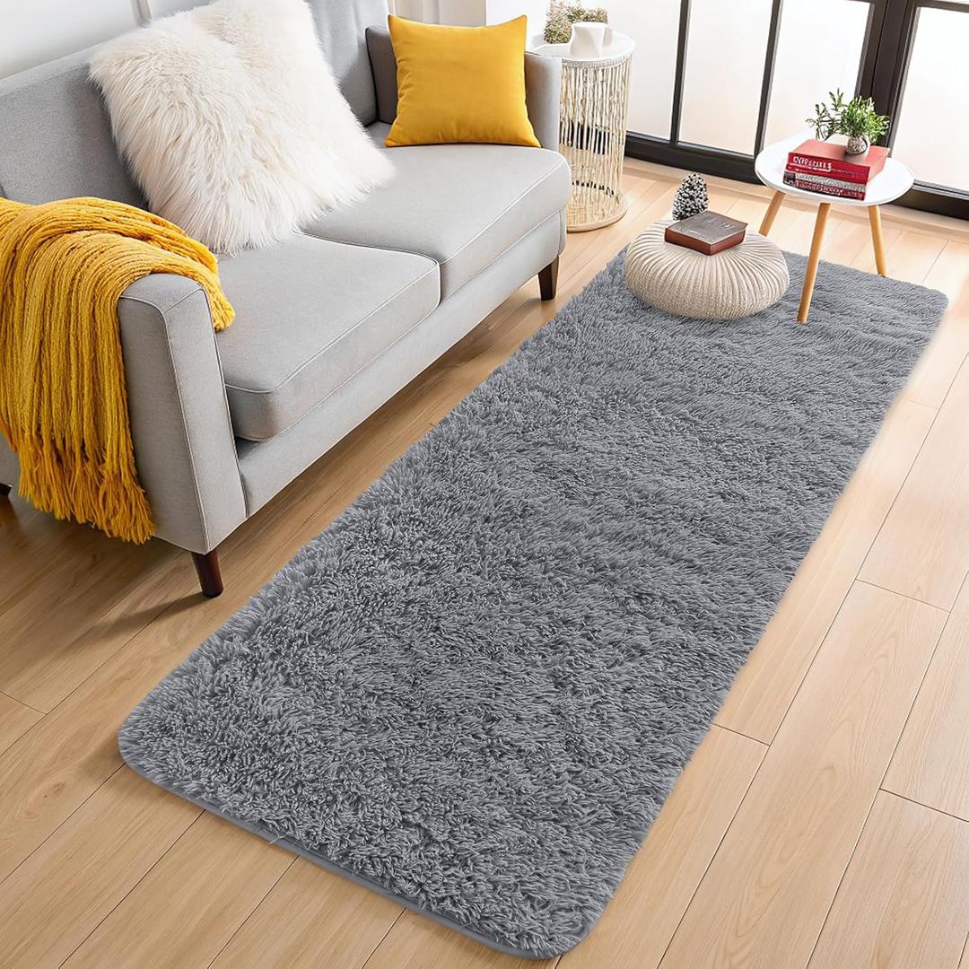 OLANLY 2x5 Machine Washable Runner Rugs for Hallway, Soft Fluffy Shaggy Bedside Rugs for Bedroom, Living Room, Indoor Floor Carpet for Kids Girls Boys, Nursery Rooms, Home Decor Aesthetic, Light Grey