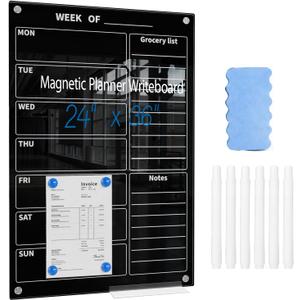 24" x 36" Magnetic Weekly Glass Planner Whiteboard Frameless Black Dry Erase Calendar for Office or Home Kitchen - Premium Tempered Glass, Vertical Wall-Mounted (6 Markers Included)