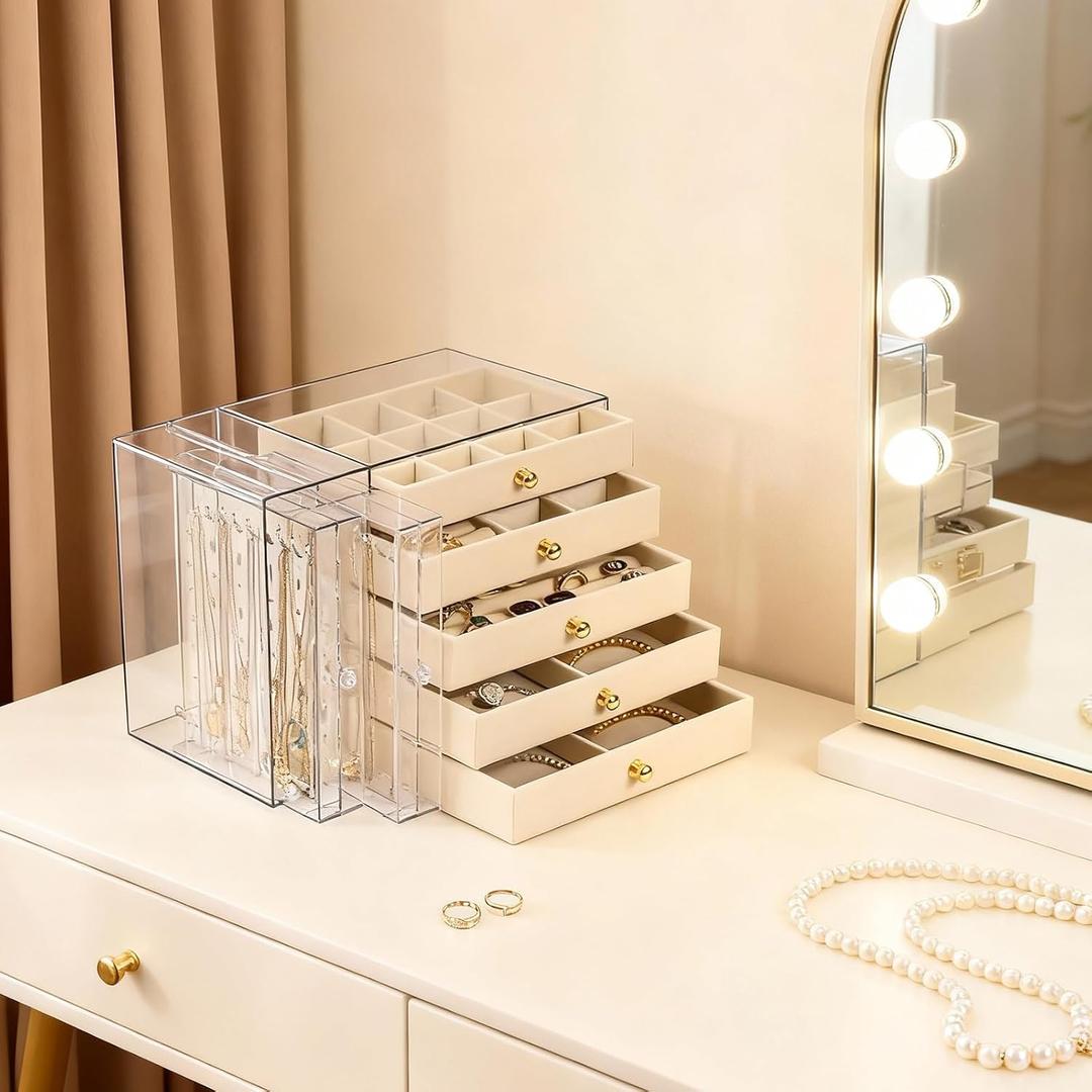 Greenfeather Jewelry Organizer with 7 Removable Drawers, Clear Acrylic Jewelry Box with 16 Necklace Hooks 48 Pairs of Earring Holes 5 Velvet-Lined Drawers for Rings Bracelets Necklaces