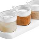 Glass Condiment Spice Jars,12oz/350 ml Condiment Jar Spice Container with Lids and Spoons and Tray,Clear Glass Condiment Canisters,3Pack Seasoning Box Bowl Set for Sugar Pepper,for Kitchen,Counter