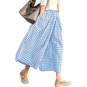 LOMON Womens Wide Leg Capri Pants Gingham Plaid Culottes Summer Elastic Waist Palazzo Trousers Bottoms with Pockets M