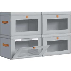 DIMJ Storage Bins with Lids - 4 Pack Large Fabric Closet Organizer with Window & Handles, Collapsible Decorative Storage Boxes for Shelves Under Bed, Books Clothes Blankets Sweaters Organization (Gray)