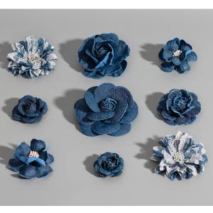 9 PCS Denim Fabric Flower Shape Patch SetRibbon Fabric Flowers for DressesDenim and Flower Decorations Crafts for Party (Dark Blue)