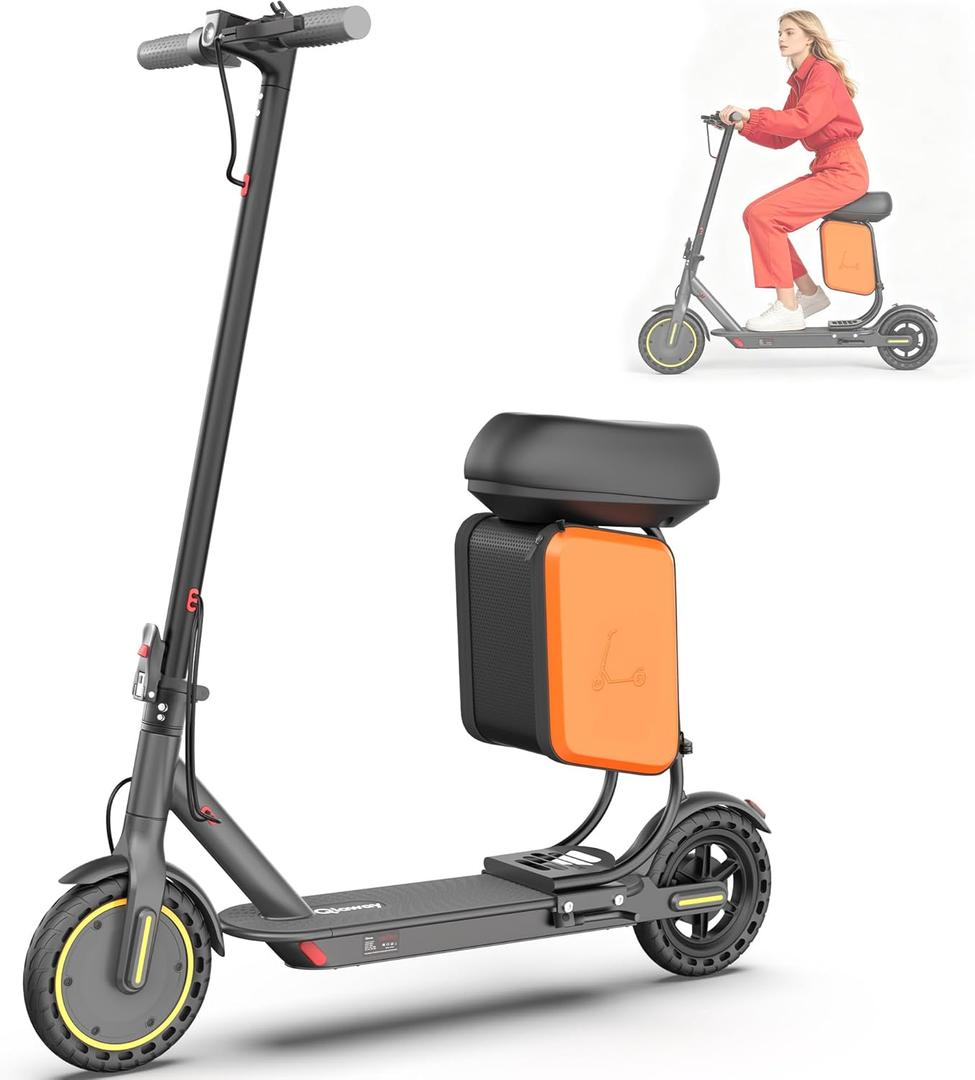 Qlaway Electric Scooter with Seat for Adults, 8.5''/10'' Solid Tires, 19/22MPH, 350W Powerful Motor, 15/22 Miles Range, Portable & Folding Commuter Escooter with Dual Braking, Smart APP