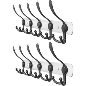 Coat Rack Wall Mount with 5 Tri Hooks, Stainless Steel 16 Inch White & Black Matte Finish, Heavy Duty Wall Mounted Hook Rack for Coats, Hats, Towels, Scarfs, Robes, Bags, Entryway & Bathroom, 2 Pack